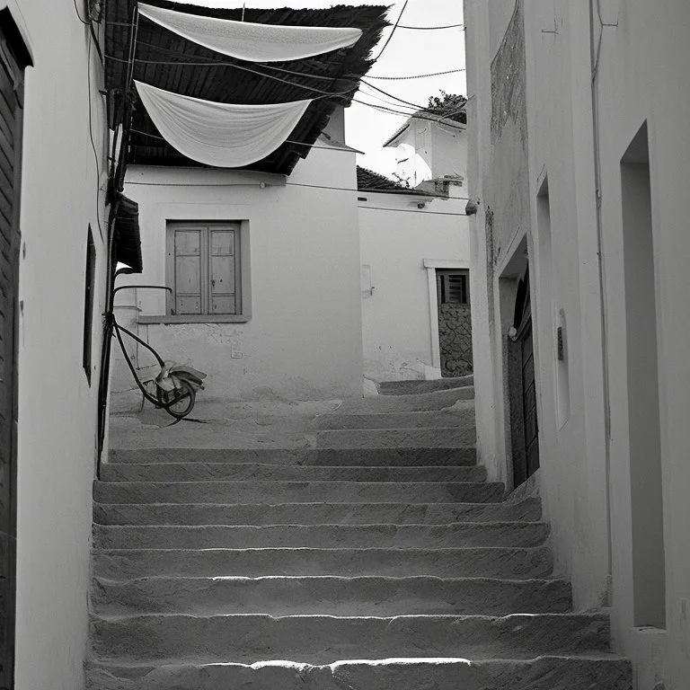 Calle de un pueblo de una isla italiana en verano, con escalinata, fotografía real, fotografía realizada con cámara Leica y objetivo de 50 mm, siguiendo estilo de la serie 'Ripley' emitida en Netflix, fotografía en blanco y negro, virada tonos años 50