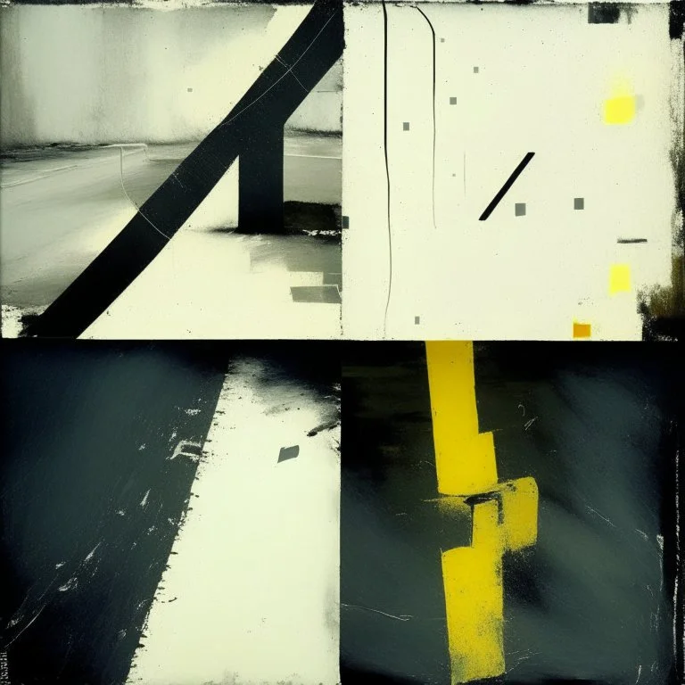 Minimal contemporary oil paintings of concrete road covered in typography graphic yellow road markings. In the style of Justin Mortimer and Francis Bacon.