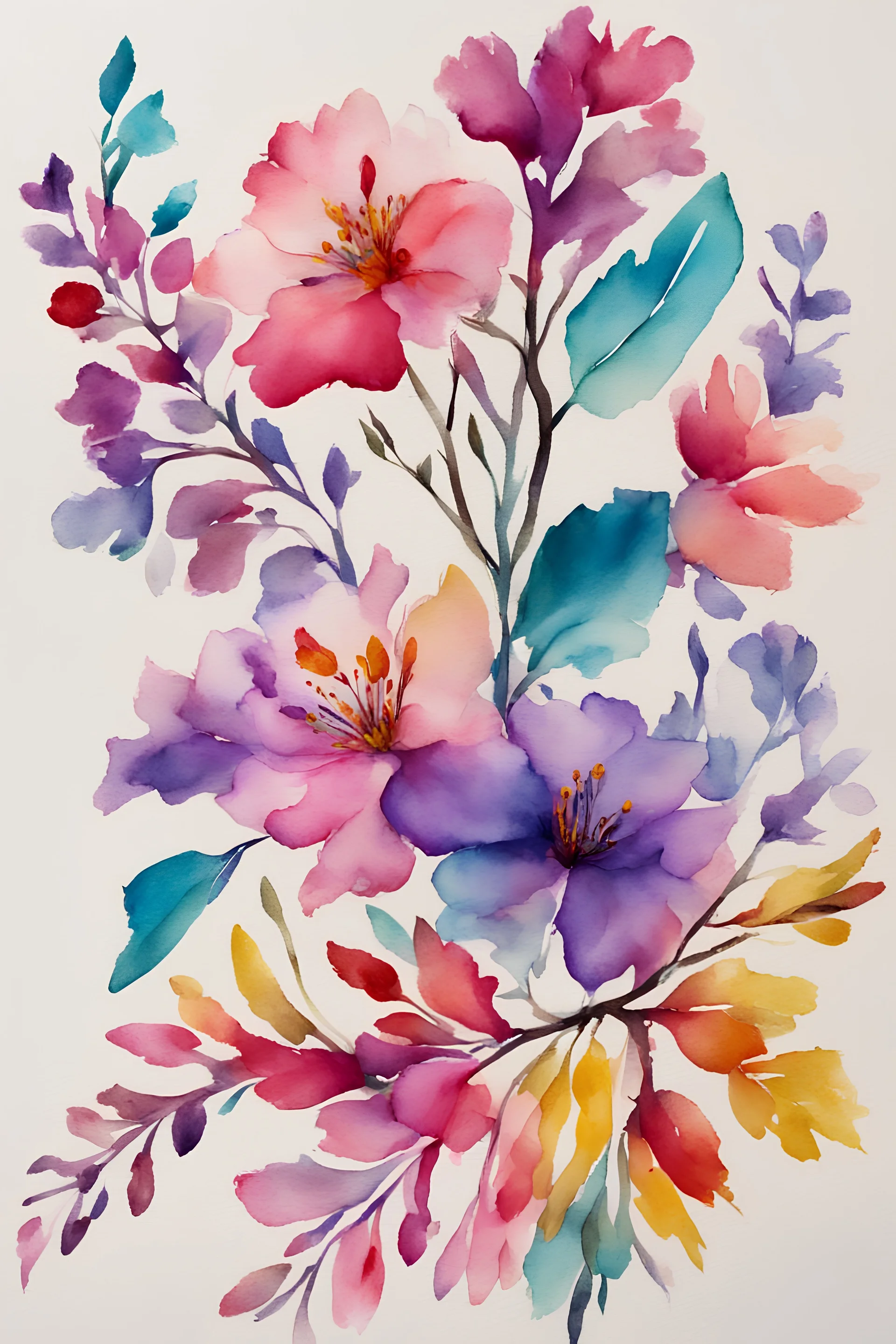 floral branch with pink, purple, yellow,red, turquoise water color