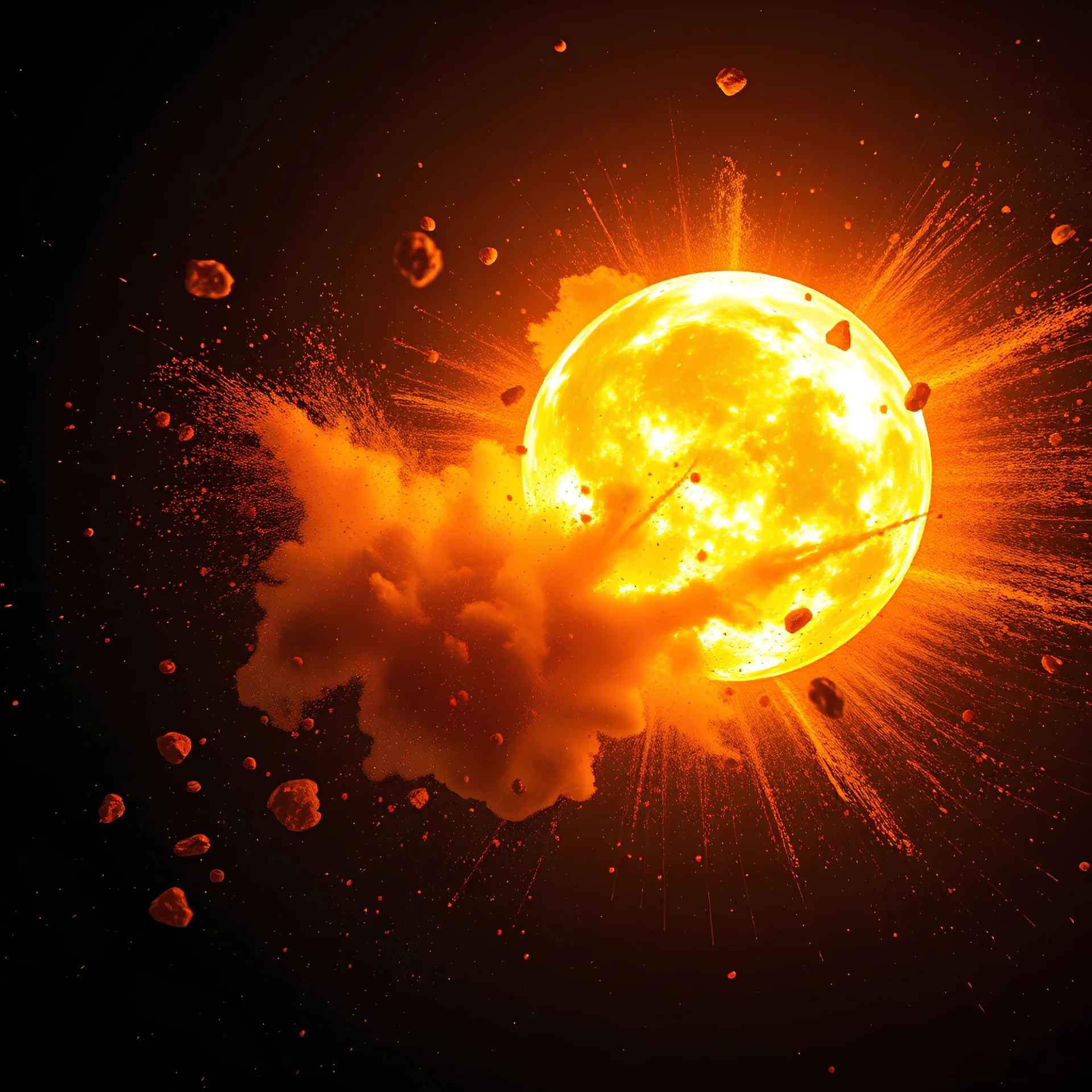 rocks exploding from fireball with big yellow orange glow sending dust, and pebbles into space