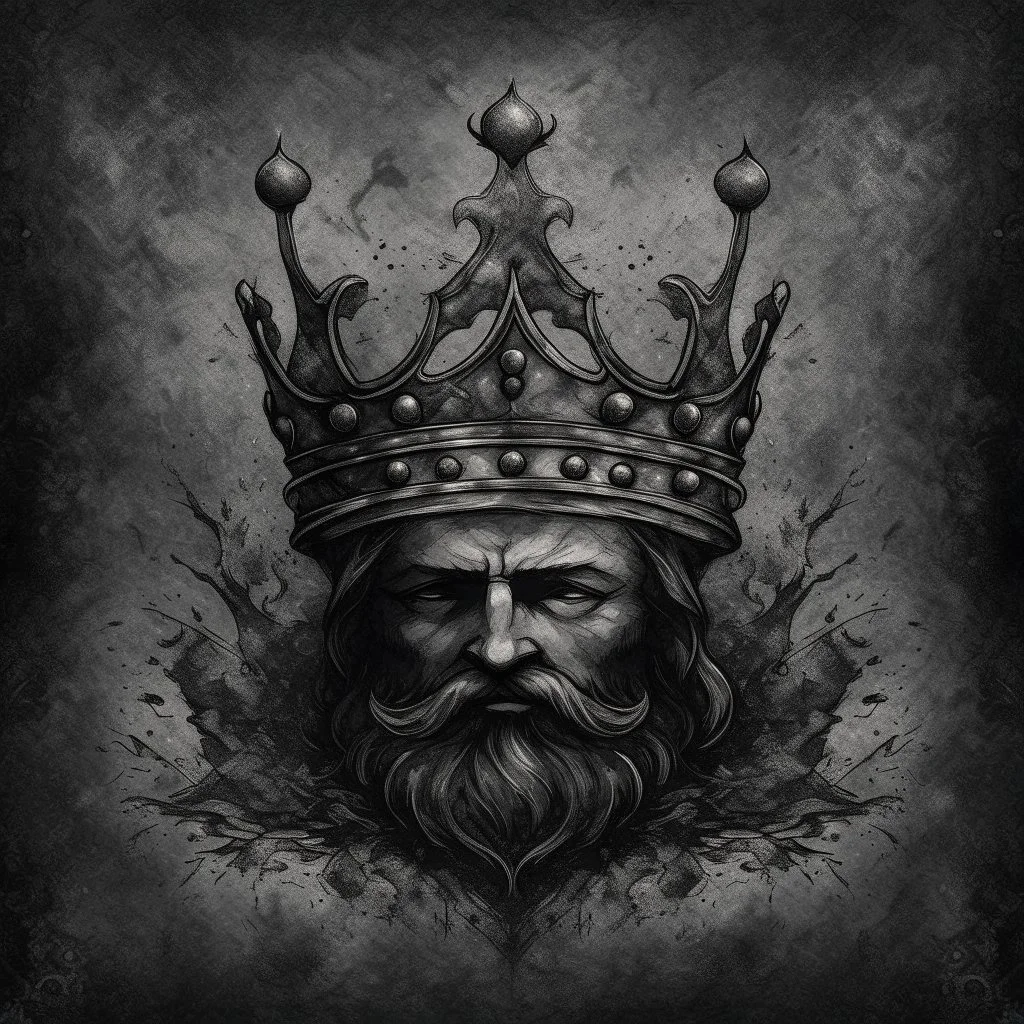 A king with a crown , Hyper Realistic Aerial Grungy Dark-Grey Brush strokes on a dark rustic background with charcoals