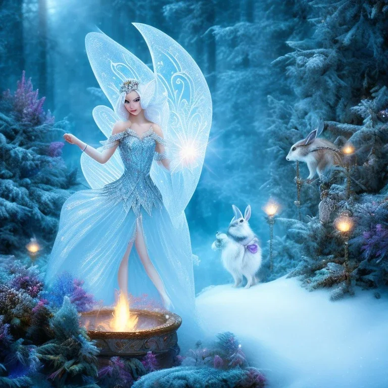 bright ice fairy, casttle, rabbits, ice mountain, crystal, ice crystal