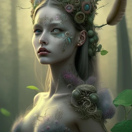 Portrait of beautiful girl, plant, metal, feathers, Dryad, fae, sidhe, ominous, nature, plants, wildflower, facepaint, dnd character portrait, intricate, oil on canvas, masterpiece, expert, insanely detailed, 4k resolution, retroanime style, cute big circular reflective eyes, cinematic smooth, intricate detail , soft smooth lighting, soft pastel colors, painted Renaissance style,sharp fucus, bokeh,macro lens, 1500mm lens