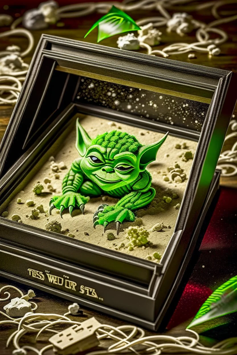 a close-up footprint in sand of baby yodas petite and wrinkled claw print with only three toes, three toes and the print are lodged within the sand in a neat, square display glass box, "Baby Yoda" engraved on small metal plate outside of the box, small stars and shiny stones are scattered around the print with green leaves also,realistic and highly detailed, 8k