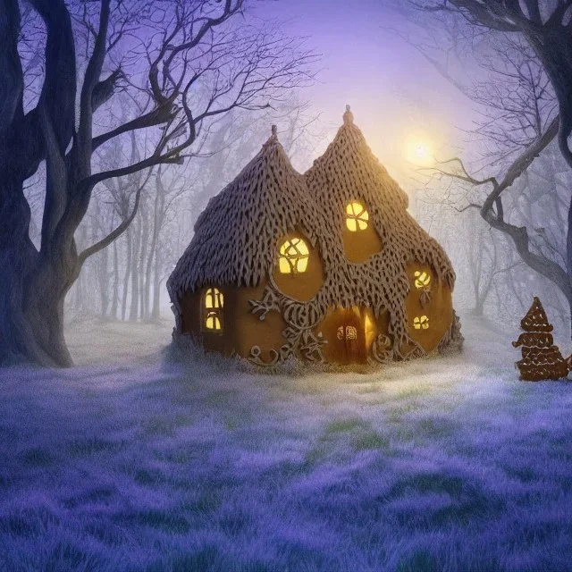 a witch house in the woods made of gingerbread, cerulean frosting, and pastel candies, 8k, flickering light, centered, high-quality, fine-detail, digital art, detailed matte, volumetric lighting, illustration, 3D octane render, brian froud, howard lyon, ben goossens, George Grie