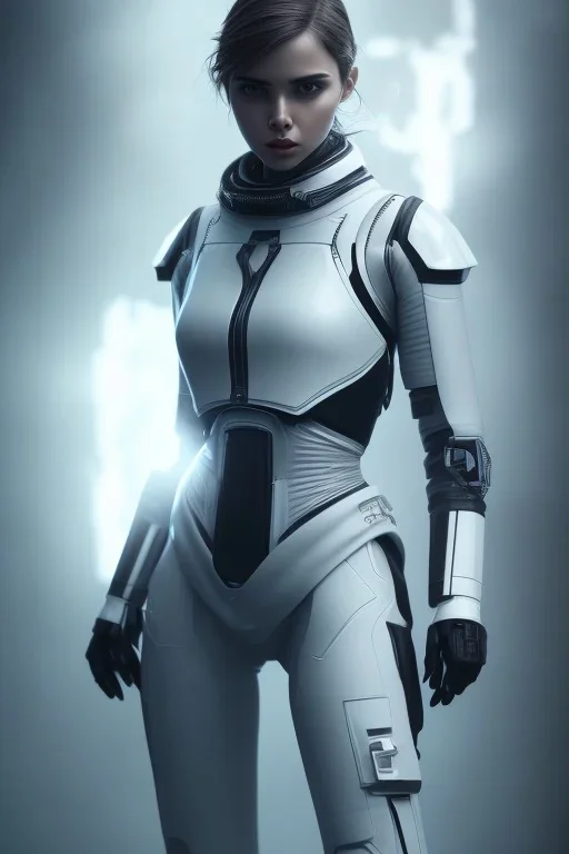 Ana de Armas, identical features, Black intergalactic pilot suit, portrait, bright white eyes, wearing high tech pilot breathing mask, beautiful face, white smoke, dark, rage, sorrow, high definition, ultra 8 k, volumetric lighting, blue fire, fog