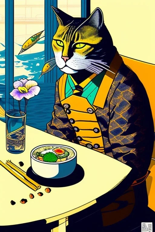 Cat, sitting at a table, eating sushi,perfect iris, ink and pencil, style Tintin