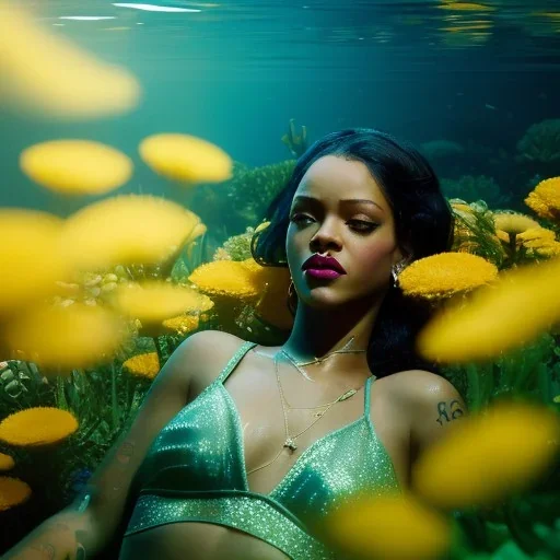 Rihanna as Tiana underwater with yellow flowers for hair, closed eyes, rtx, reflection, 8k, glow, winning photography, caustics