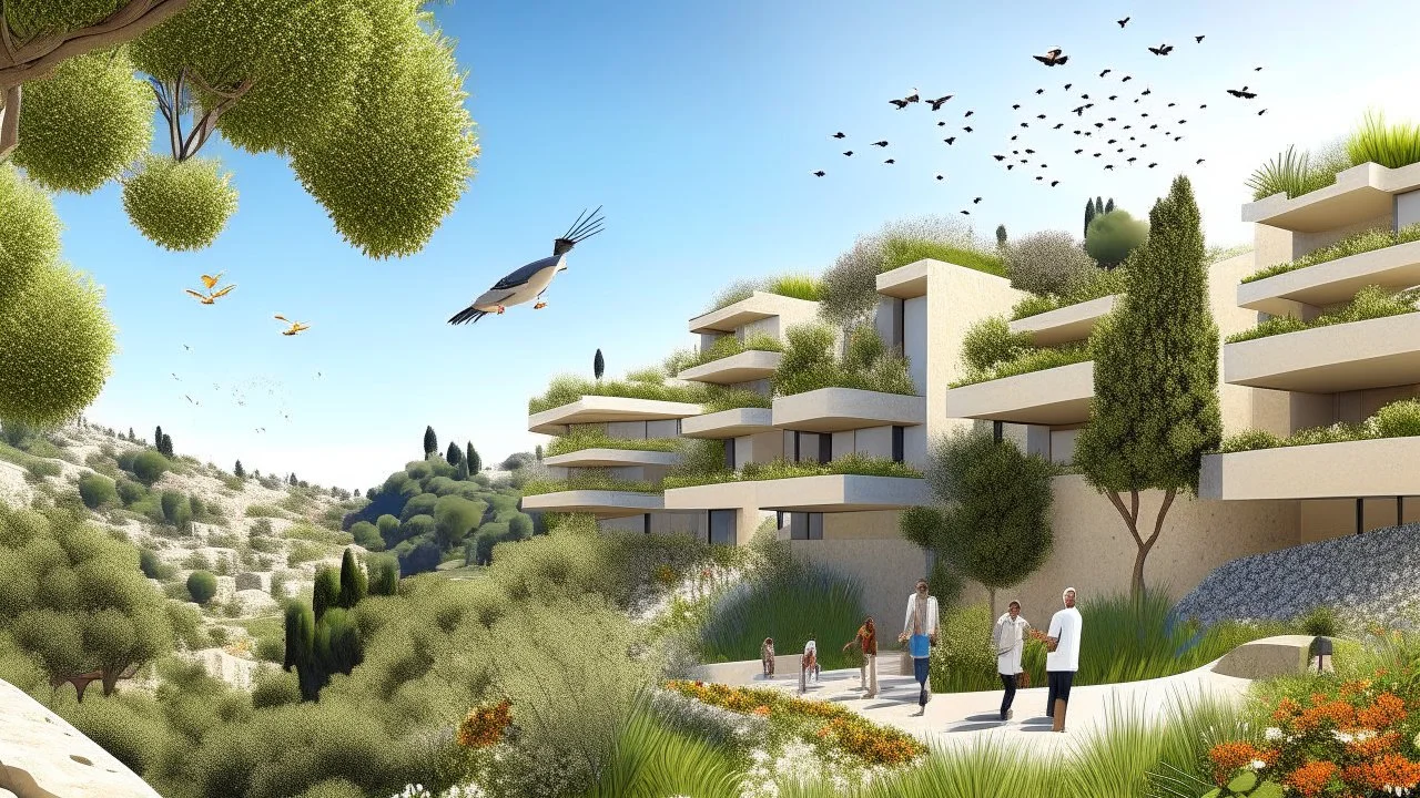 Modern residential complex integrated into a Mediterranean hillside, olive trees and wildflowers surrounding terraces, people enjoying outdoor spaces while birds fly above.