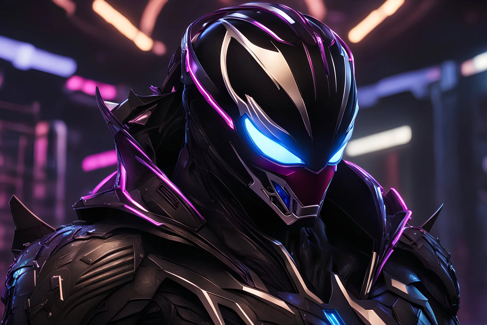 Venom Shredder in 8k solo leveling shadow artstyle, sombra machine them, close picture, rain, Shredder helmet, neon lights, intricate details, highly detailed, high details, detailed portrait, masterpiece,ultra detailed, ultra quality