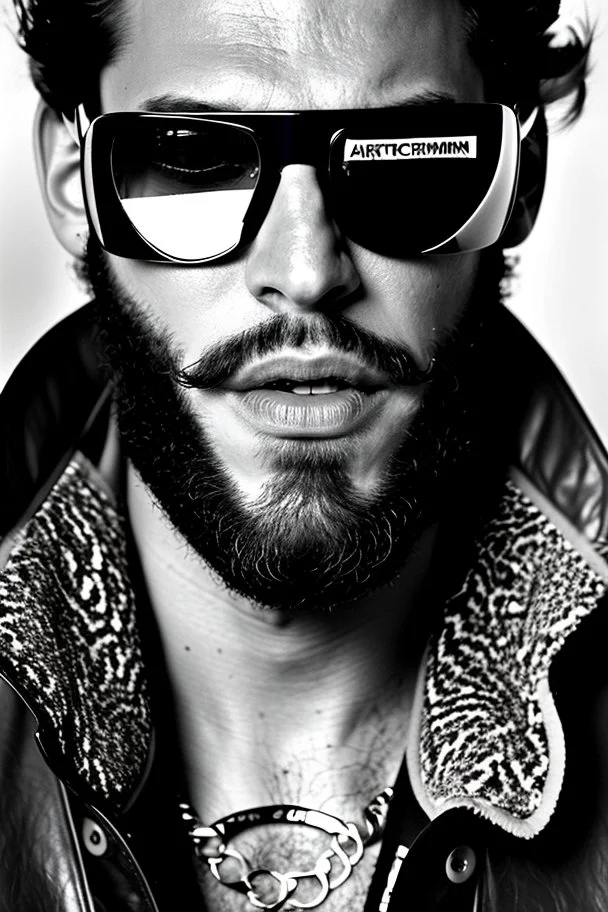 Artistic photo in the audacius style of Jill Greenberg, of man with a luxurious and striking style, abundance of jewelry, oversized sunglasses, neat black beard, prints, desafiant, extravagant, barroque scene , impasto style with thick texture