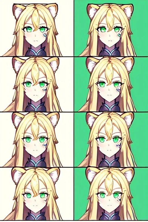 Druid character, young woman, cougar ears, cougar tail on lower back, blonde hair, long hair, green eyes, scars on body, animal hide armor, waist up portrait, 4k resolution, intricate details, ornate details, soft lighting, vibrant colors, retroanime, masterpiece, intricate eyeliner, dark eyeshadow, eyes, intricate tattoos, natural background