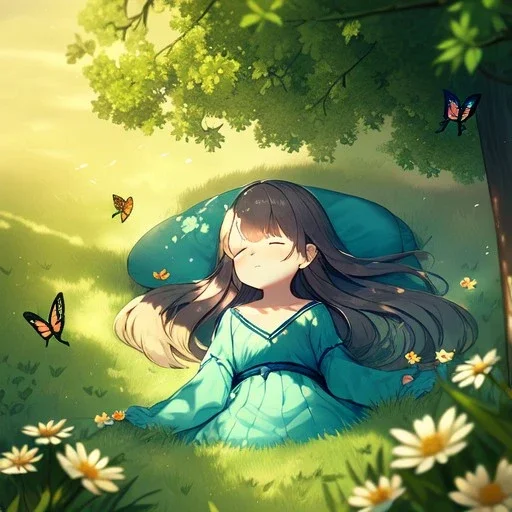 tiny anime girl sleeping in the distance, laying down in a field of flowers, underneath a willow tree, with a butterfly on her nose