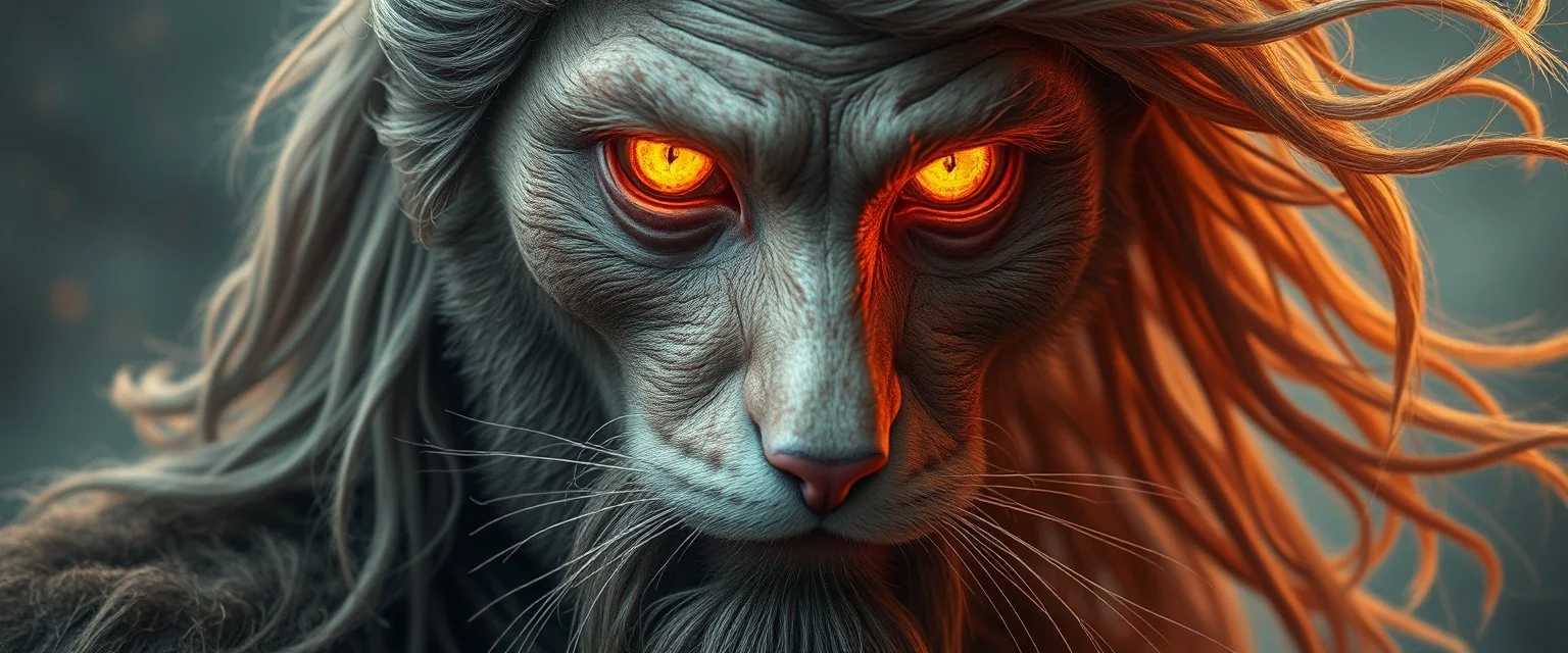 high class realism, dented skin, victorian era, cyber punk, A really close up portrait of one viking person individually mutated with hairy wigs glowing, and a long haired cat that just came out of a violent twister with its long hair twisted