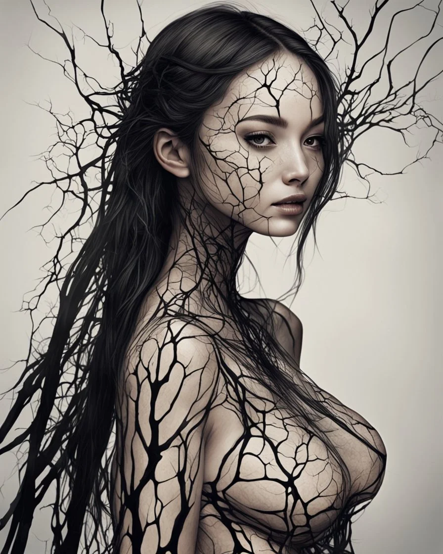 A girl her body began to undergo unimaginable transformations. Her skin turned translucent, revealing a network of black veins that extended like roots beneath her epidermis.