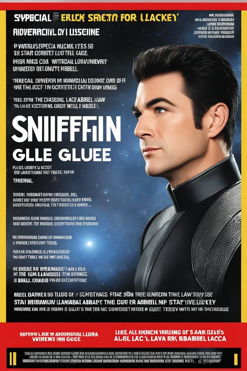 SNIFFIN’ GLUE magazine high res photo cover by Alex Kurtzman and Michelle Paradise: special issue # S01E03, November, 2256 on the Star Trek sayings: "Universal law is for lackeys, context is for kings". Guest star is Gabriel Lorca. with writings, title, barcode and table of content .
