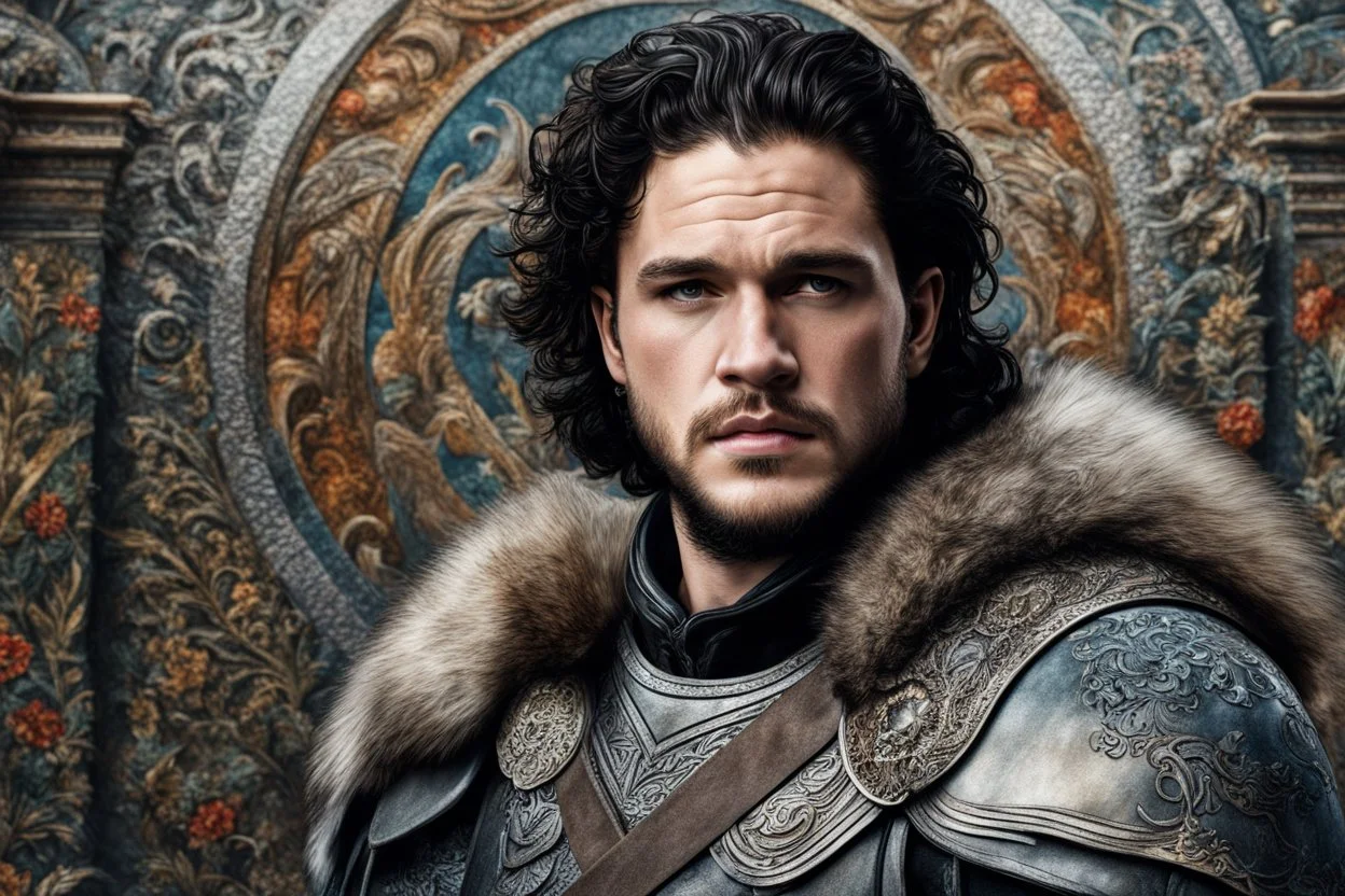 Kit Harington in 8k Mural artstyle, Jhon snow them, winter, close picture, fantasy world, intricate details, highly detailed, high details, detailed portrait, masterpiece,ultra detailed, ultra quality