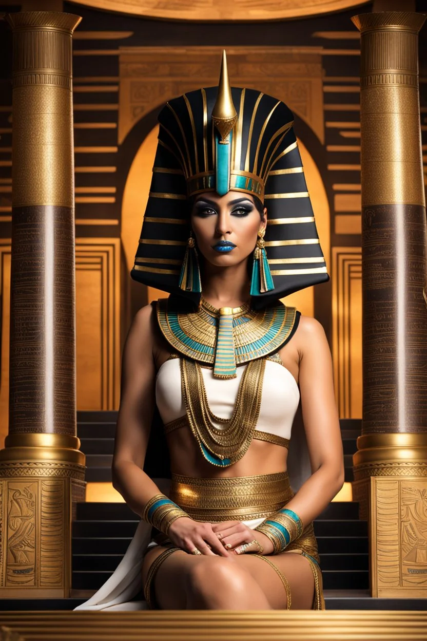 full body Cleopatra, pharaoh makeup, full body shot, written by Orcinus Orca, Ultra detail face in anceiant egipth palace