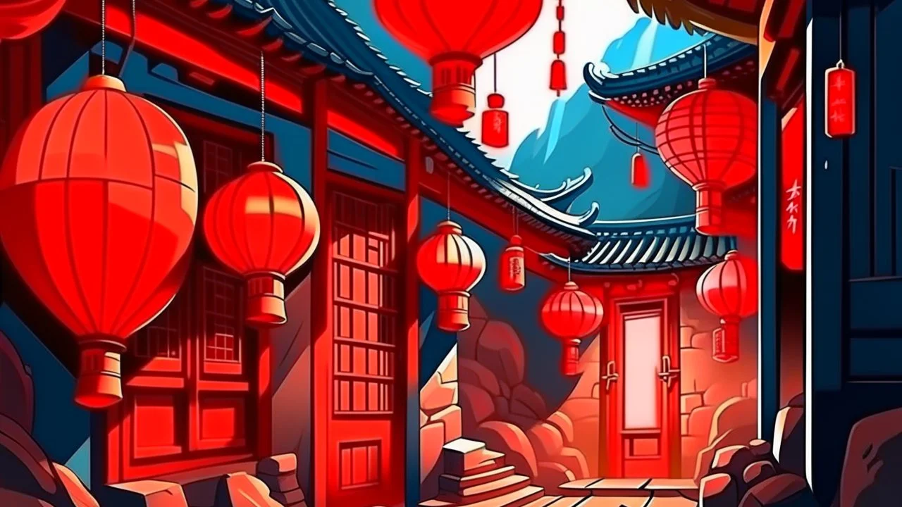 fantasy cartoon style illustration: red lanterns and decorations on doors and windows in a small Chinese mountain village