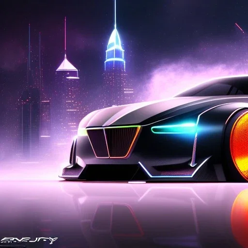 powerful concept future car, smooth front grill, dark color fade theme, large engine protruding from the hood, nebula back round, extra detail with luminous engravings, neon underneath, big city with skyscrapers, light mist, jet engine