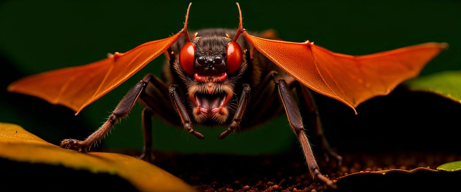 A national geographic award skin color patterned like a poisinous incect or reptile, horrorcore, science gone crazy, winning photograph of of a bat spider housefly hybrid in nature and on the hunt, 64k, reds, oranges, and yellows anatomically correct, 3d, organic surrealism, dystopian, photorealisitc, realtime, symmetrical, clean, 4 small compound eyes around two larger compound eyes, surrealism telephoto dynamic lighting 64 megapixels Unreal Engine volumetric lighting VRay