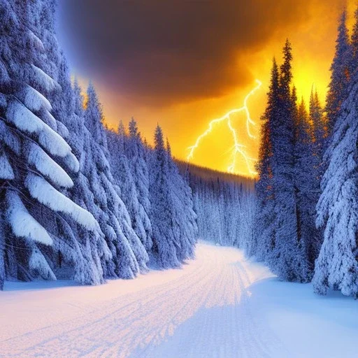 winter landscape, big moose, ski tracks and blue storm clouds and lightening