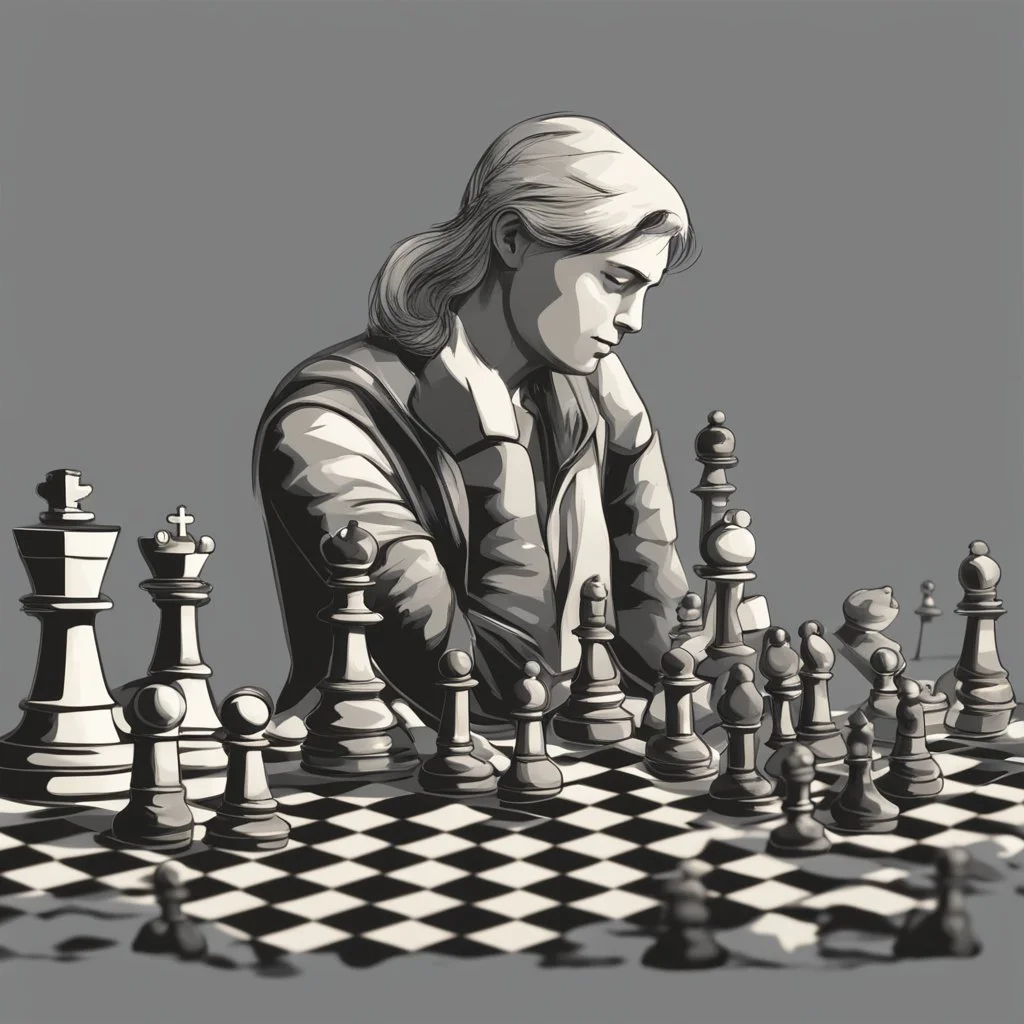 illustration of A digital artificial world of social media filled with chess pieces, each one representing a different strategy. a person thinking about the complex game of strategy.