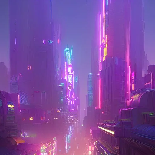 "Create an image of a bustling cityscape at night, featuring towering skyscrapers illuminated by vibrant neon lights. Capture the energy and excitement of the urban nightlife."clouds."overhead."and pink."