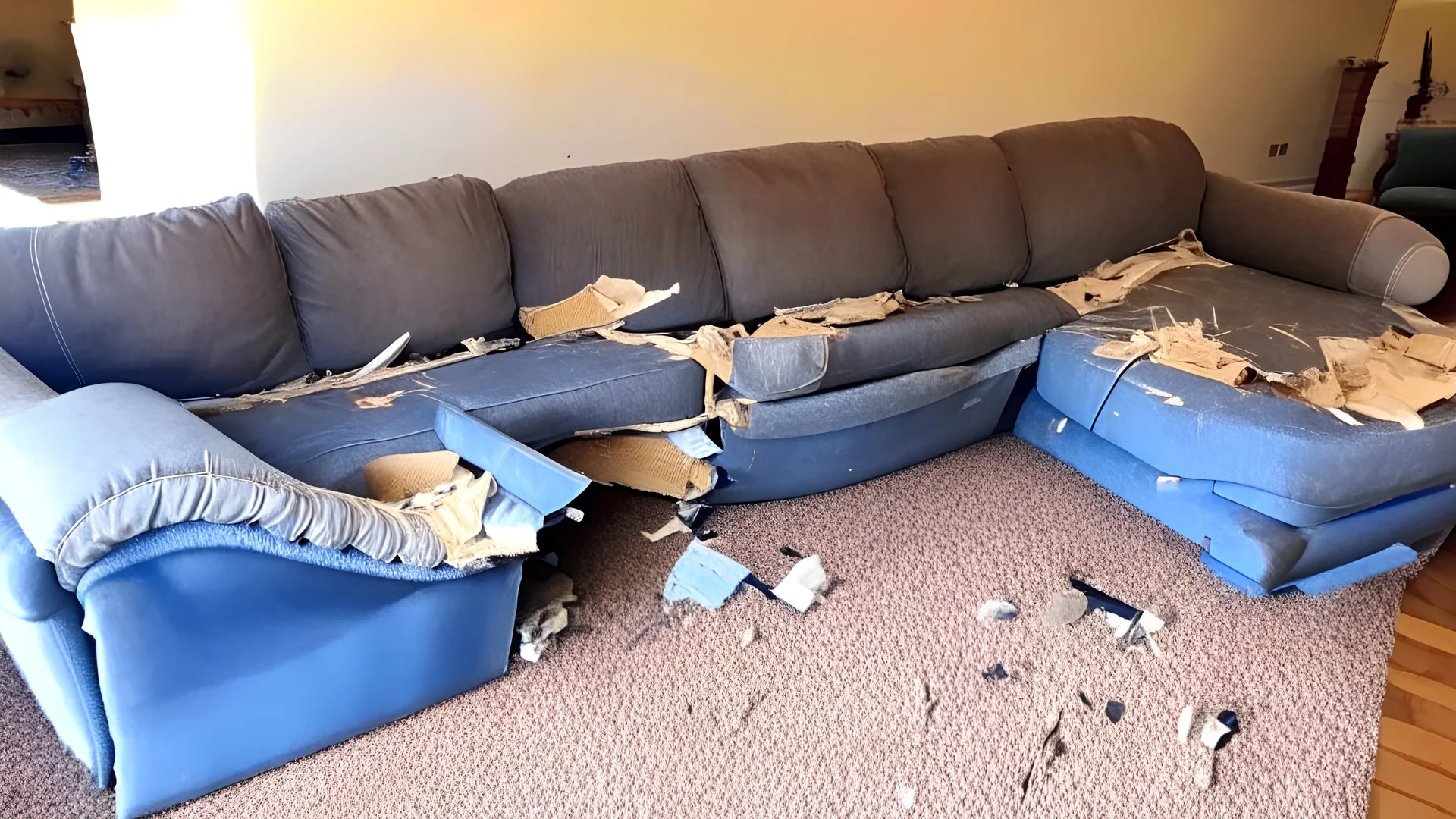 brand new couch taken apart in living room