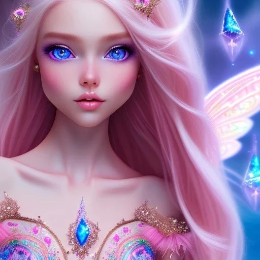  beautiful, soft, whide smile face,whole head, long blonde straight hair, blue eyes, fairy wings on the back, transparent crystal blue and pink clothes, background blue and pink, big definition, 8K