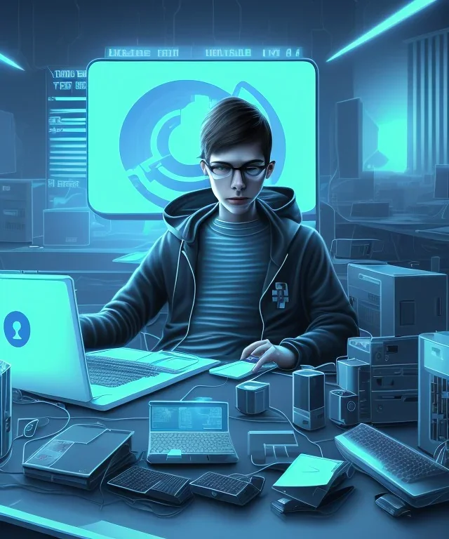 a young hacker and rebel, sat at his computer, typing furiously as he tried to crack the security systems of the corrupt megacorporation he was targeting.