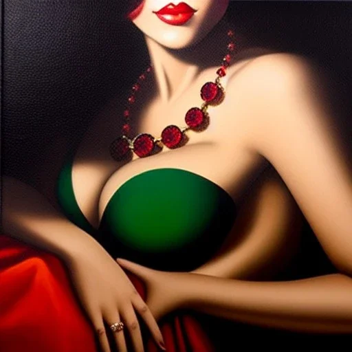 oil Portrait on canvas of busty beautiful young Vampirella with big crystal clear green eyes looking to viewer,realistic,intrincate detail, with ruby necklace by Adam hughes 16k