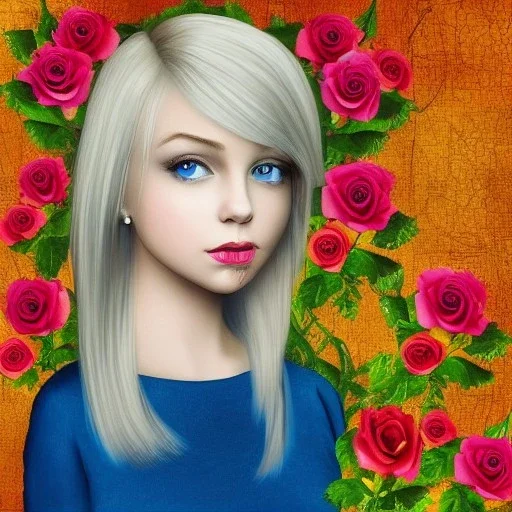 portrait borders head blond Princess with great bobs long hairs blue eyes no top with roses