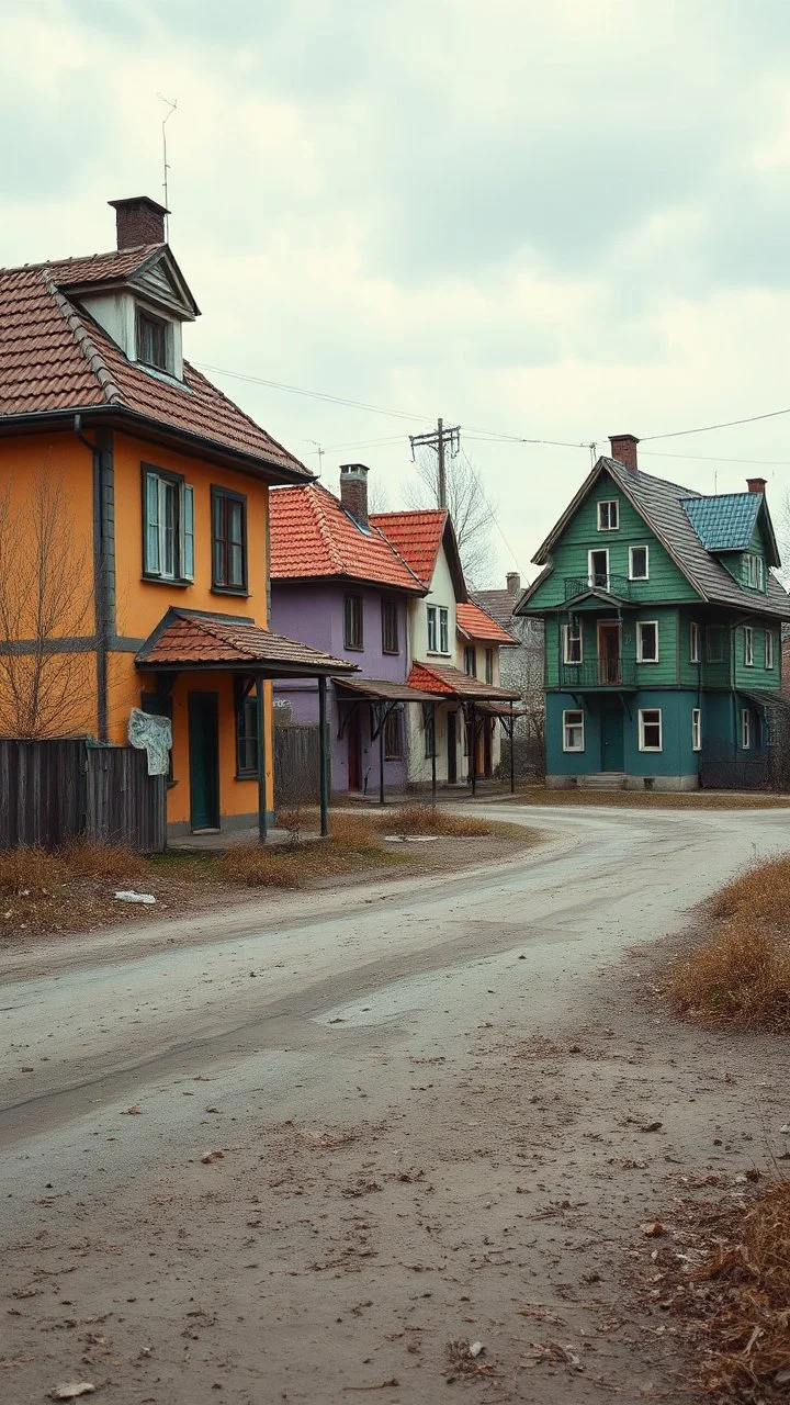 Fotografia di strada random assurda e falsa orripilante poor Transnistria Adighezia weirdcore dai Yves Tanguy colori vivaci. Non luogo falso, inusuale. Max Ernst. Le case sono false e dipinte di chiaro con cose stilizzate e dettagli. Ci sono strane. , che danno un senso distopico e molto surreale, disposte in modo casuale. L'atmosfera generale sembra noiosa e onirica, con un contrasto tra elementi reali ed elementi dipinti falsi, René Magritte