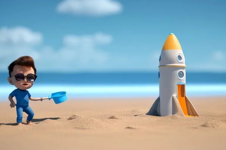 Toddler Elon Musk building a Very tall skinny space rocketShip out of sand on the beach, Blue shovel, plastic bucket, sunglass