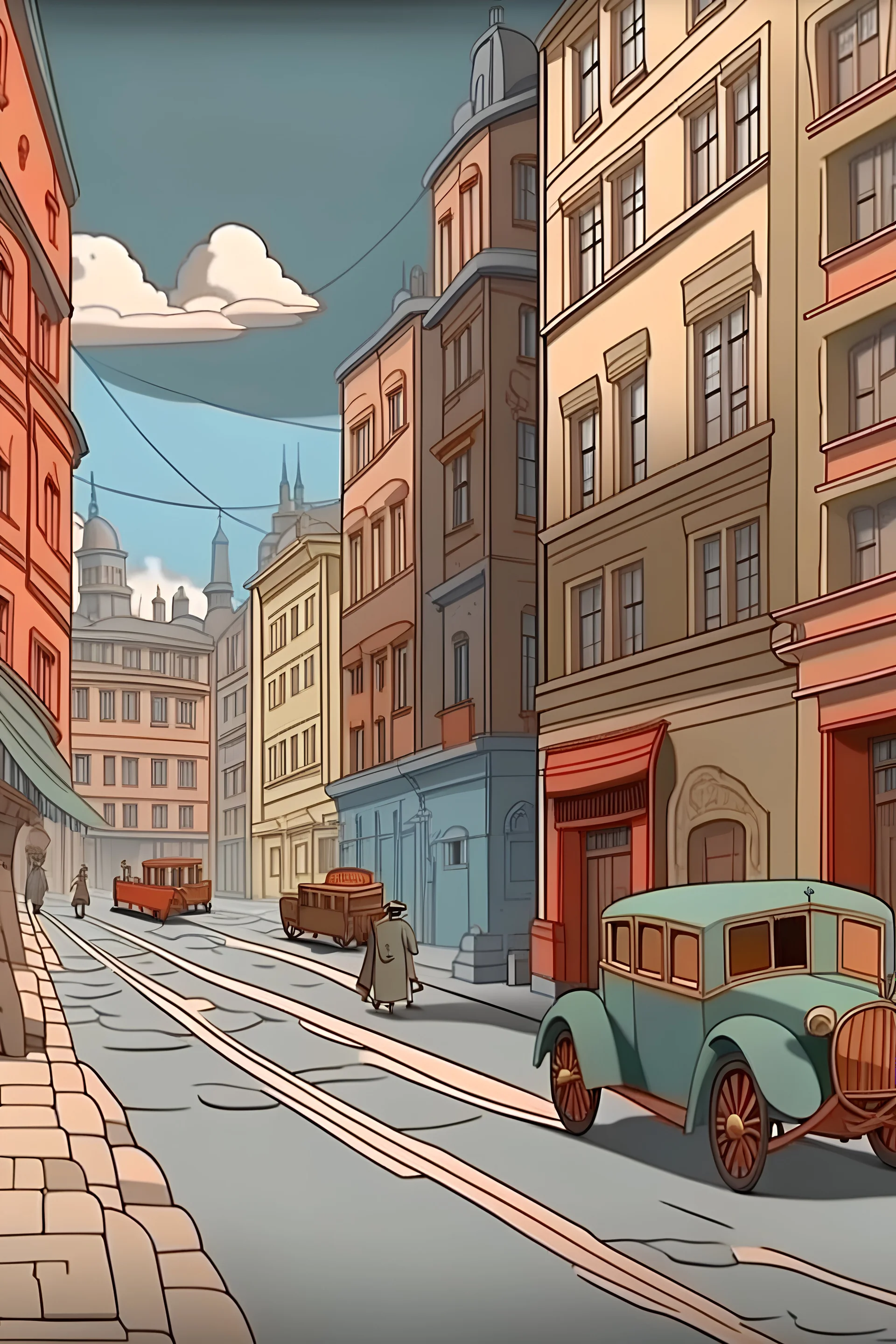 Russian street in 1945, old cartoon style, 4k, detailed