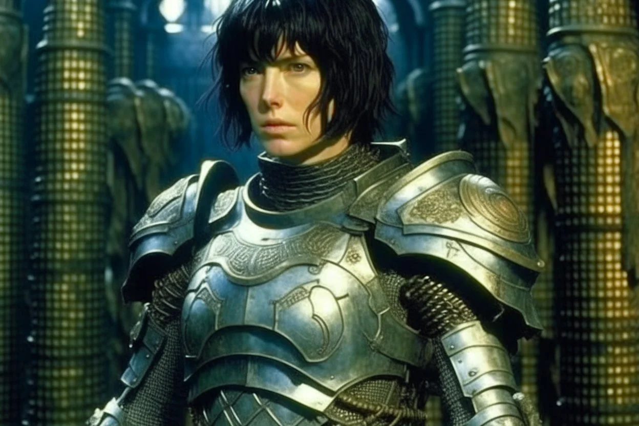 Motoko Kusanagi from Ghost In The Shell (1995), clad in medieval stell plate armour, melancholic