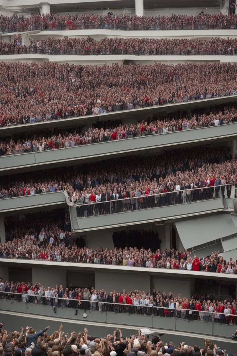 donald trump standing on a balcony with hundreds of people below kneeling