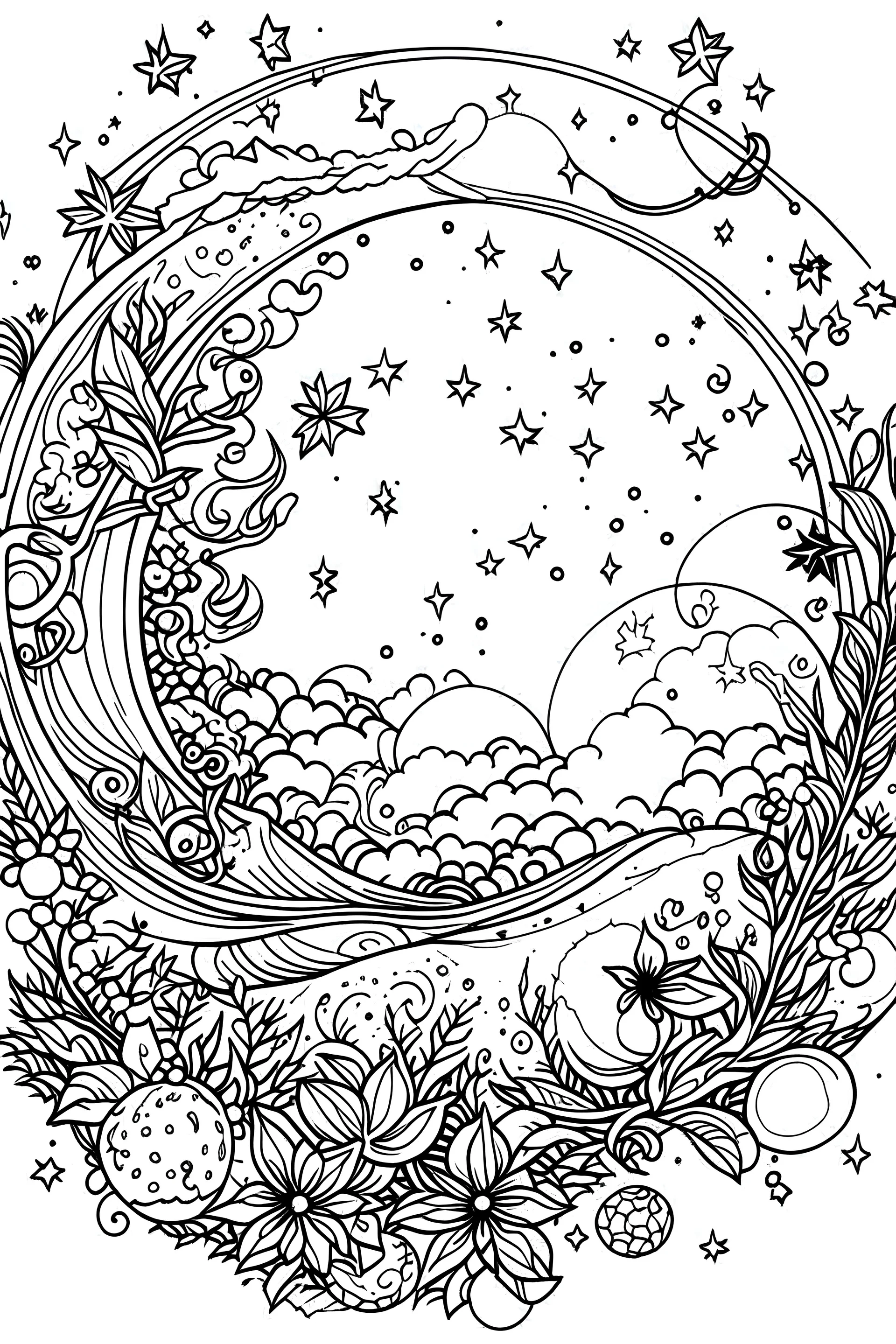 outline art for Color the stars, moon, and sky, leaving the background dark coloring pages with sitch, white background, Sketch style, full body, only use outline, clean line art, white background, no shadows and clear and well outlined.