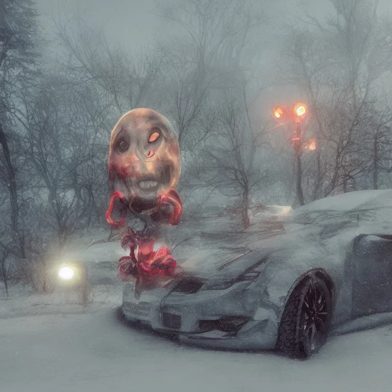 a car with a face coming alive and dancing in a snow storm, flowers, sunlight, bokeh, hyper realistic, unreal engine, 8k, ultra high resolution, realistic, photo, sunlight, dramatic, oil paint, unreal engine, hyper real, ultra high resolution, 8k, lsd, acid, psychedelic, picknick, blood on face and hands, bloody, creepy, dancing, video game, mist, light rays