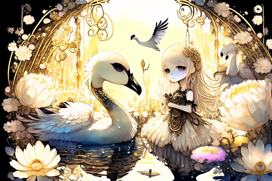 beautiful swan and cute chibi princess in a flowergarden with beautiful flowers, pond, in sunshine, H.R. Giger, anime, steampunk, surreal, watercolor and black in outlines, golden glitter, ethereal, cinematic postprocessing, bokeh, dof