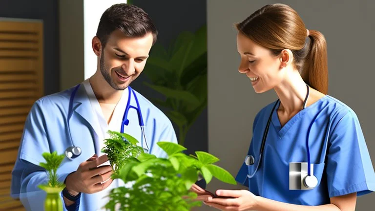 male and female doctor with stethoscope examining bunch of herbal plants and smiling