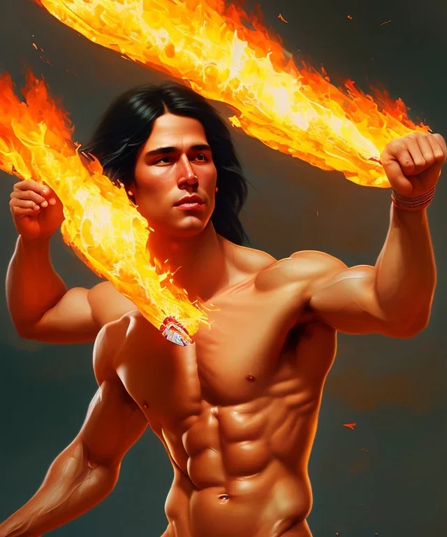 native american warrior, long black hair, dancing on top of fire, big muscles, loincloth, shirtless, 8k resolution concept art portrait by Greg Rutkowski