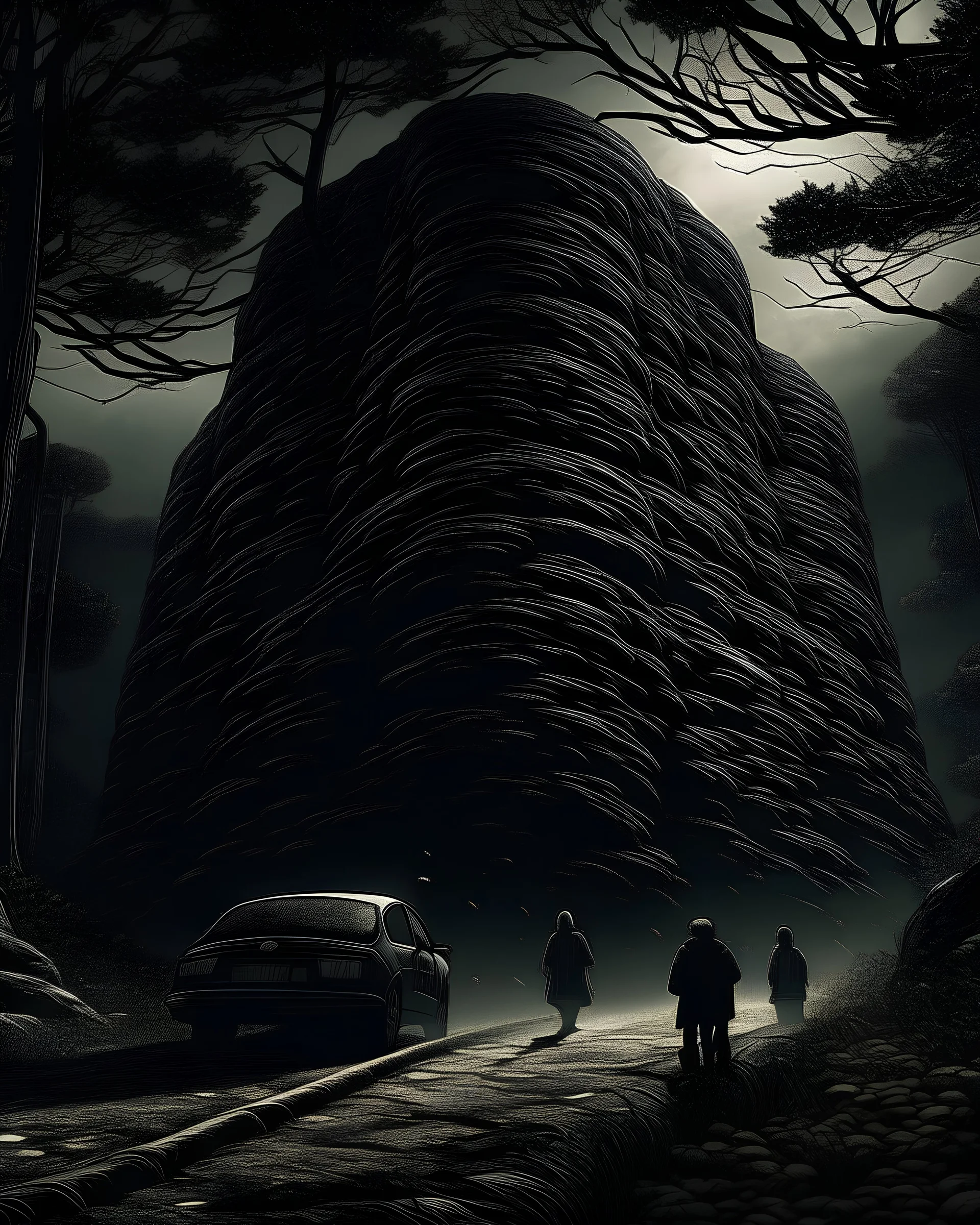 Dark Forest Drive: A couple in a car driving through a dense, dark forest with tall, shadowy trees. The headlights illuminate the eerie, twisted branches ahead, creating an ominous atmosphere.