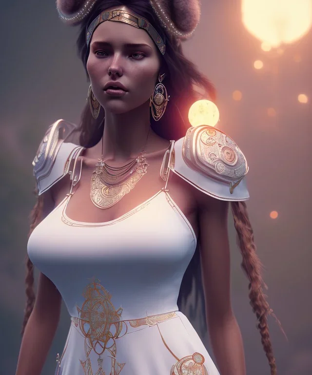 Gipsy, beautiful, curvy body, white fabric dress, beautiful long hair, bandana covering head, long earings, head and shoulders portrait, holding tarot card, 8k resolution concept art portrait by Greg Rutkowski, Unreal Engine 5 volumetric lighting