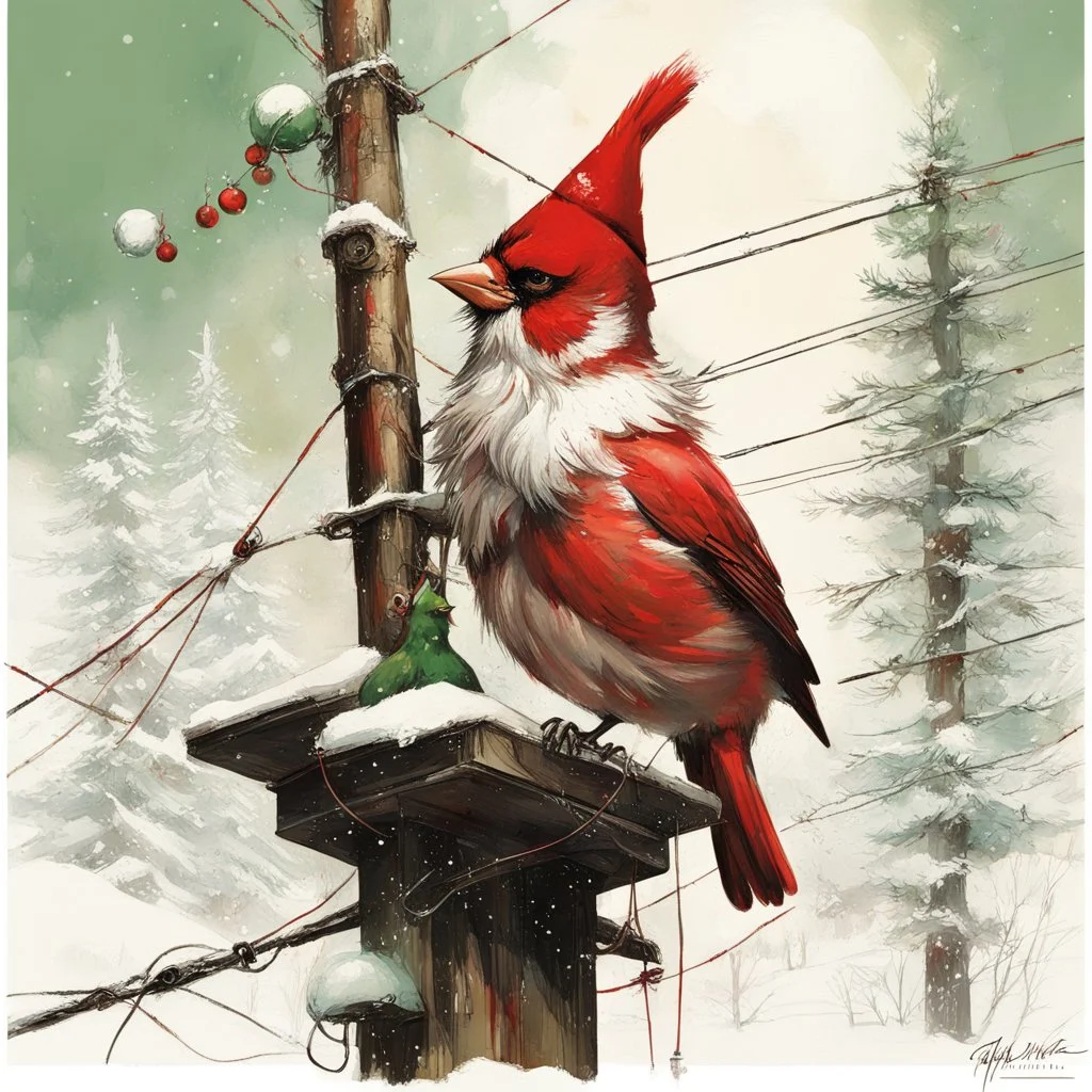 by Russ Mills and Norman Rockwell, perched on telephone line cardinal birds with green Christmas Santa caps, hyperrealistic, morning light, snow, whimsical, Christmas morning theme