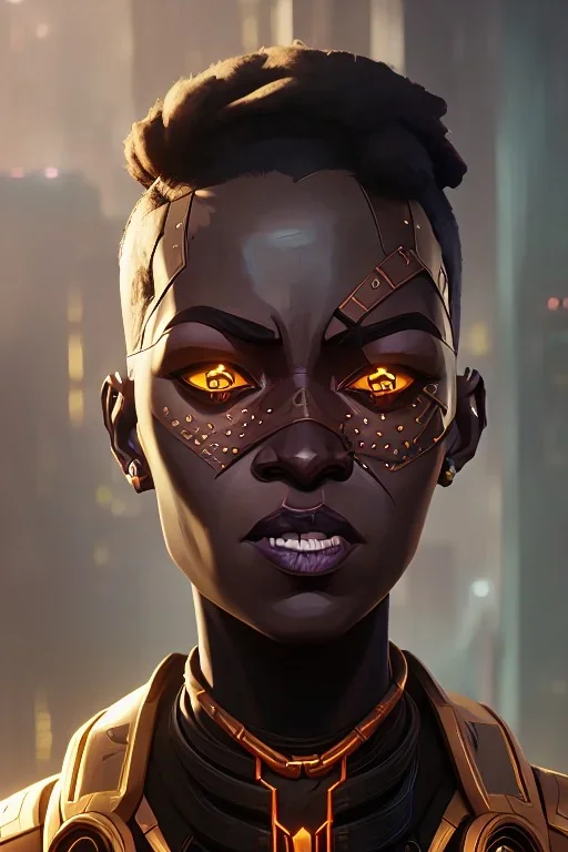 portrait,beautiful african robot, post-apocalyptic in a cyberpunk city, realistic, intriacte detail, sci-fi fantasy style, volumetric lighting, particales,highly detailed,cinamatic, deep colours,8k