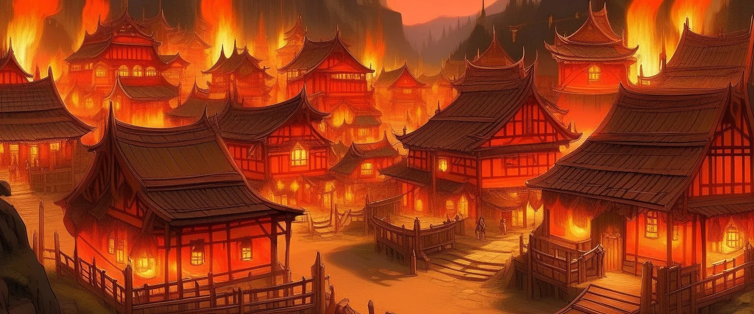 An orangish red Eastern village with torches designed in Heidrun manuscripts painted by Zosan