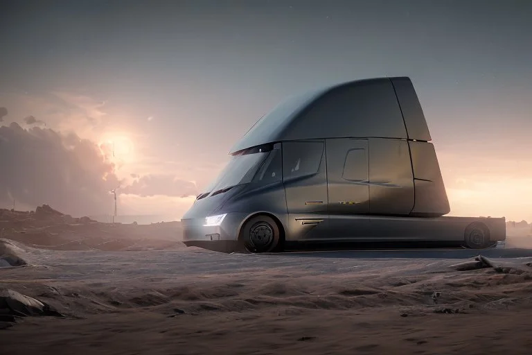 A Tesla 'Semi' (semi truck) is parked, within the trench of the Death Star. (CINEMATIC, WIDE ANGLE LENS, PHOTO REAL)