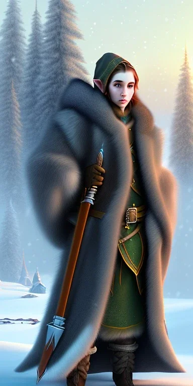 Cute and adorable elven adventurer with small pointy ears dressed in a warm overcoat with survival gear on a winters day, Cedric Peyravernay Art, anthropomorphic --ar 2:3 --beta --upbeta --upbeta